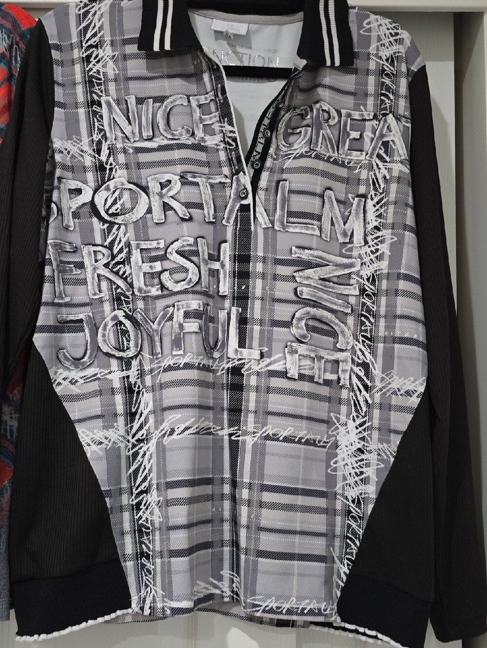 Gray Plaid Graphic Zip Polo with Black Trim And Red /Grey Scoop Neck Tops.
